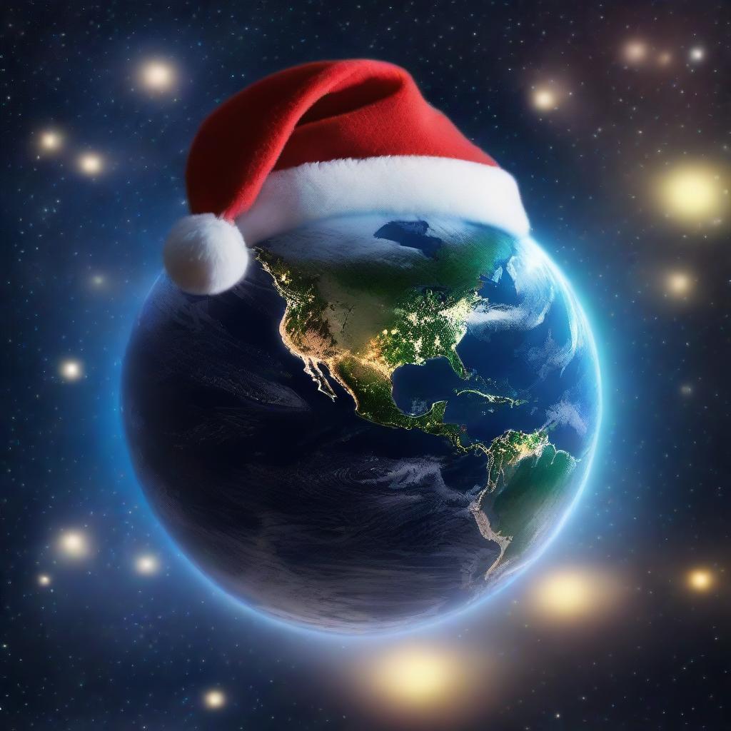 A creative night-time depiction of planet Earth viewed from space, glowing with city lights, wearing a glowing Santa hat against the backdrop of the star-filled cosmos.