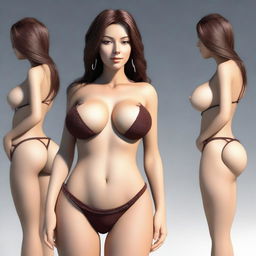 A tantalizing 3D render of a girl with brown hair, donning a skimpy bikini that highlights her large breasts