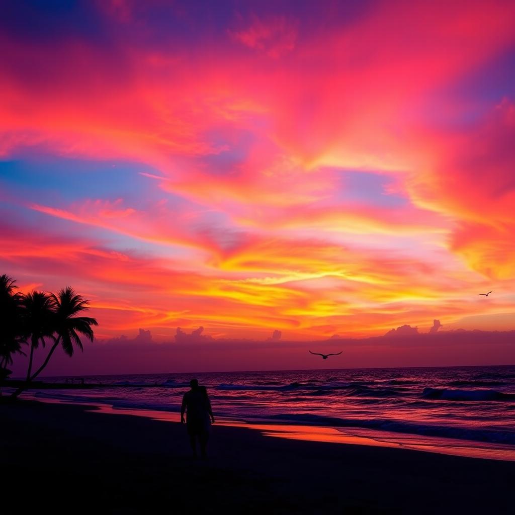 A stunning sunset over a tranquil beach, the sky awash with vibrant hues of orange, pink, and purple blending seamlessly into the deep blue of the ocean