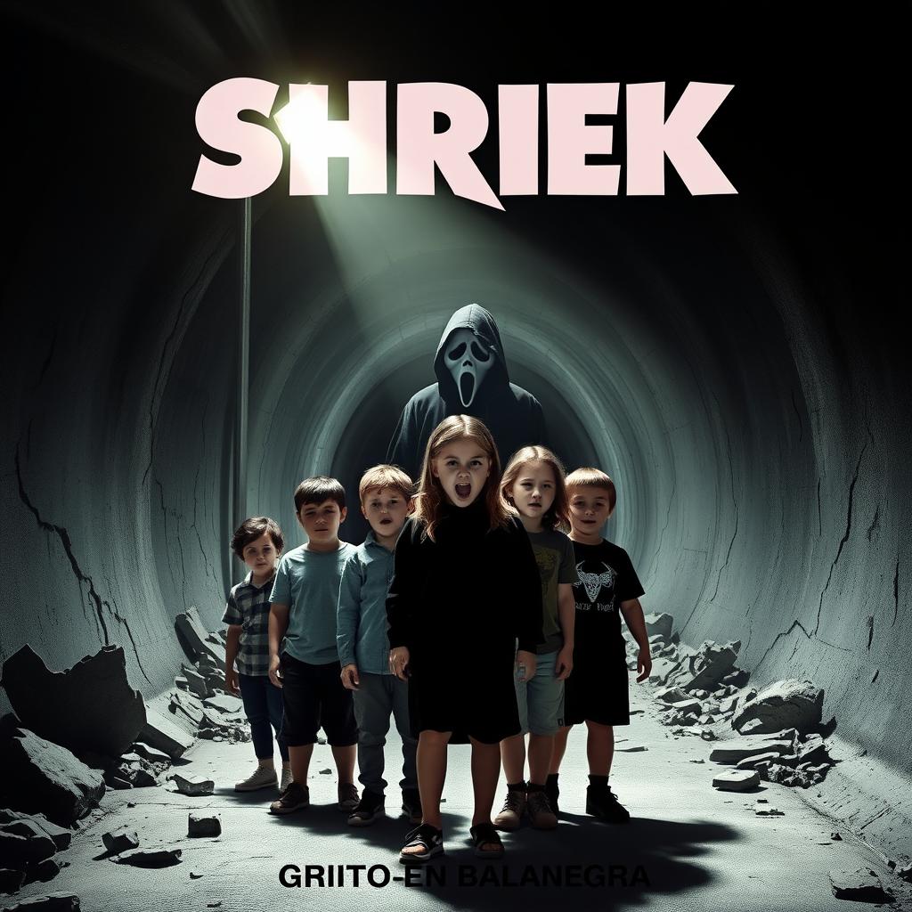 A horror movie poster resembling the style of 'Scream', featuring the bold title 'SHRIEK' prominently displayed at the top and in smaller text 'grito en balanegra' beneath it