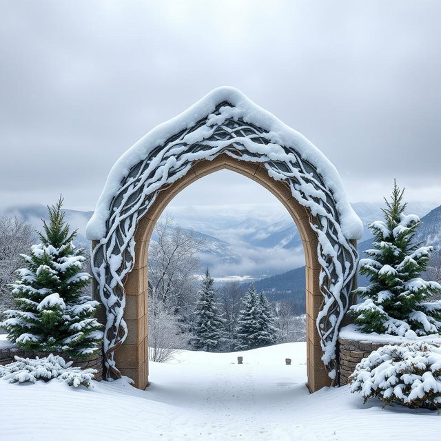 A snow-covered archway in a serene winter landscape, with delicate snowflakes falling gently from a cloudy gray sky