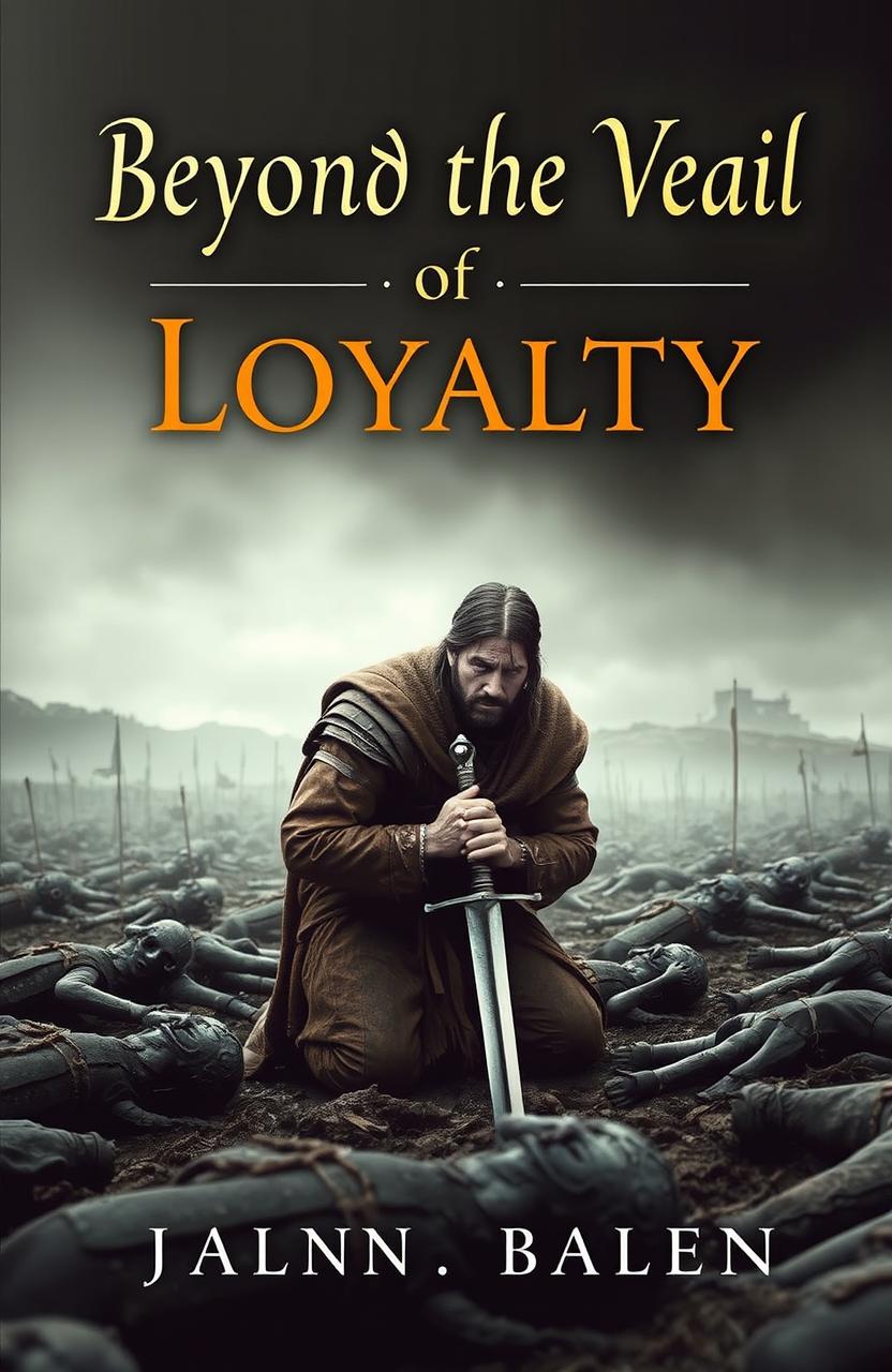 A somber and dramatic book cover titled "Beyond the Veil of Loyalty", featuring a man of old tradition, dressed in ancient warrior attire, kneeling amidst a scene of battle with many dead bodies around him