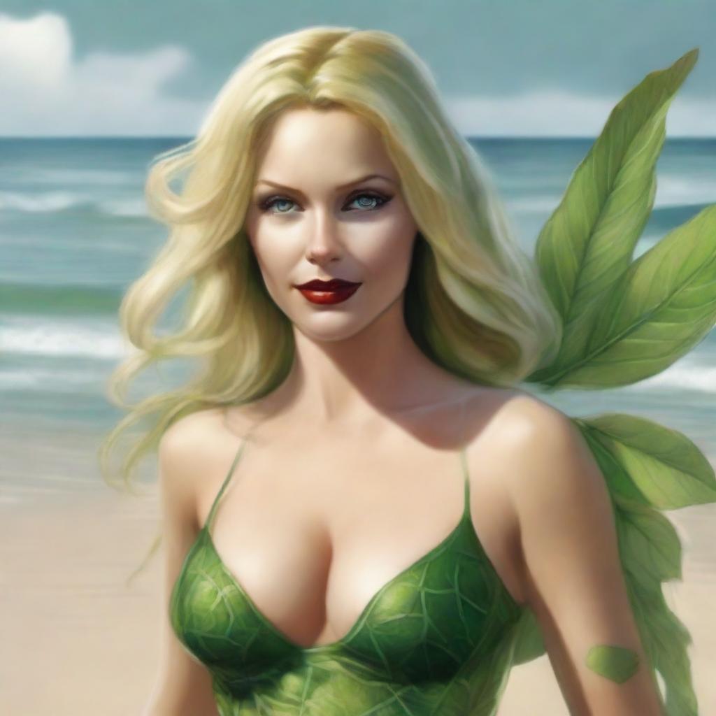 A hyper-realistic digital painting featuring a beautiful blonde woman on the beach, dressed in a micro bikini