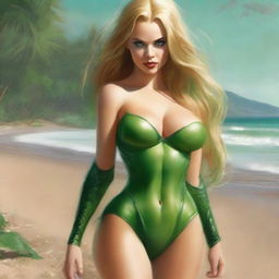 A hyper-realistic digital painting featuring a beautiful blonde woman on the beach, dressed in a micro bikini