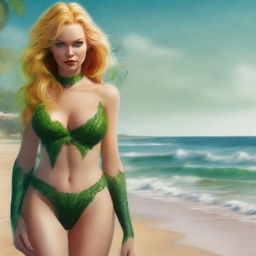 A hyper-realistic digital painting featuring a beautiful blonde woman on the beach, dressed in a micro bikini