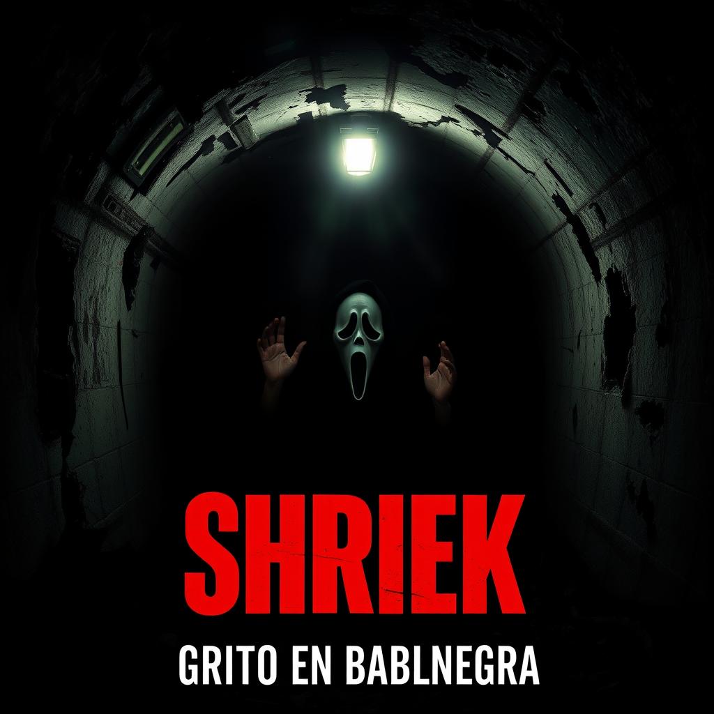 A dark, ruined tunnel filled with shadows, featuring a single flickering light illuminating a menacing figure wearing a Scream mask