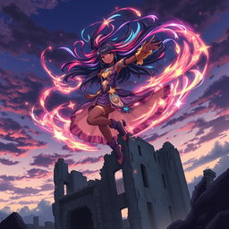 An anime black girl dancing in mid-air, surrounded by a dazzling display of vibrant, swirling magic