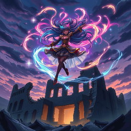 An anime black girl dancing in mid-air, surrounded by a dazzling display of vibrant, swirling magic