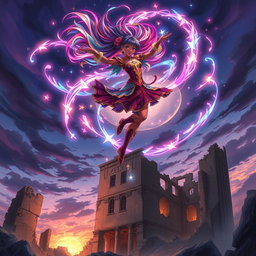 An anime black girl dancing in mid-air, surrounded by a dazzling display of vibrant, swirling magic