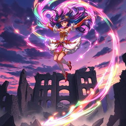 An anime black girl dancing in mid-air, surrounded by a dazzling display of vibrant, swirling magic