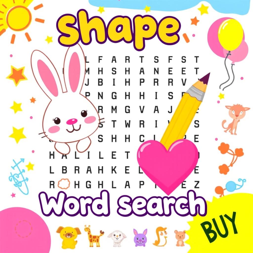 A vibrant and captivating shape word search puzzle designed specifically for kids, featuring cheerful illustrations of a cute rabbit, a big colorful heart, and a bright pencil