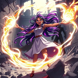An anime black girl standing defiantly in a destroyed building, channeling her magic as she sings a powerful incantation to fight a villainous man
