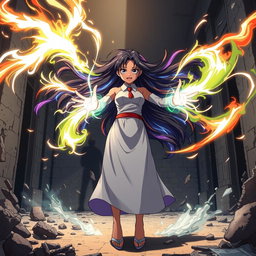 An anime black girl standing defiantly in a destroyed building, channeling her magic as she sings a powerful incantation to fight a villainous man