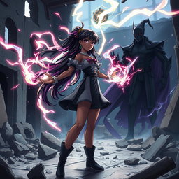 An anime black girl standing defiantly in a destroyed building, channeling her magic as she sings a powerful incantation to fight a villainous man