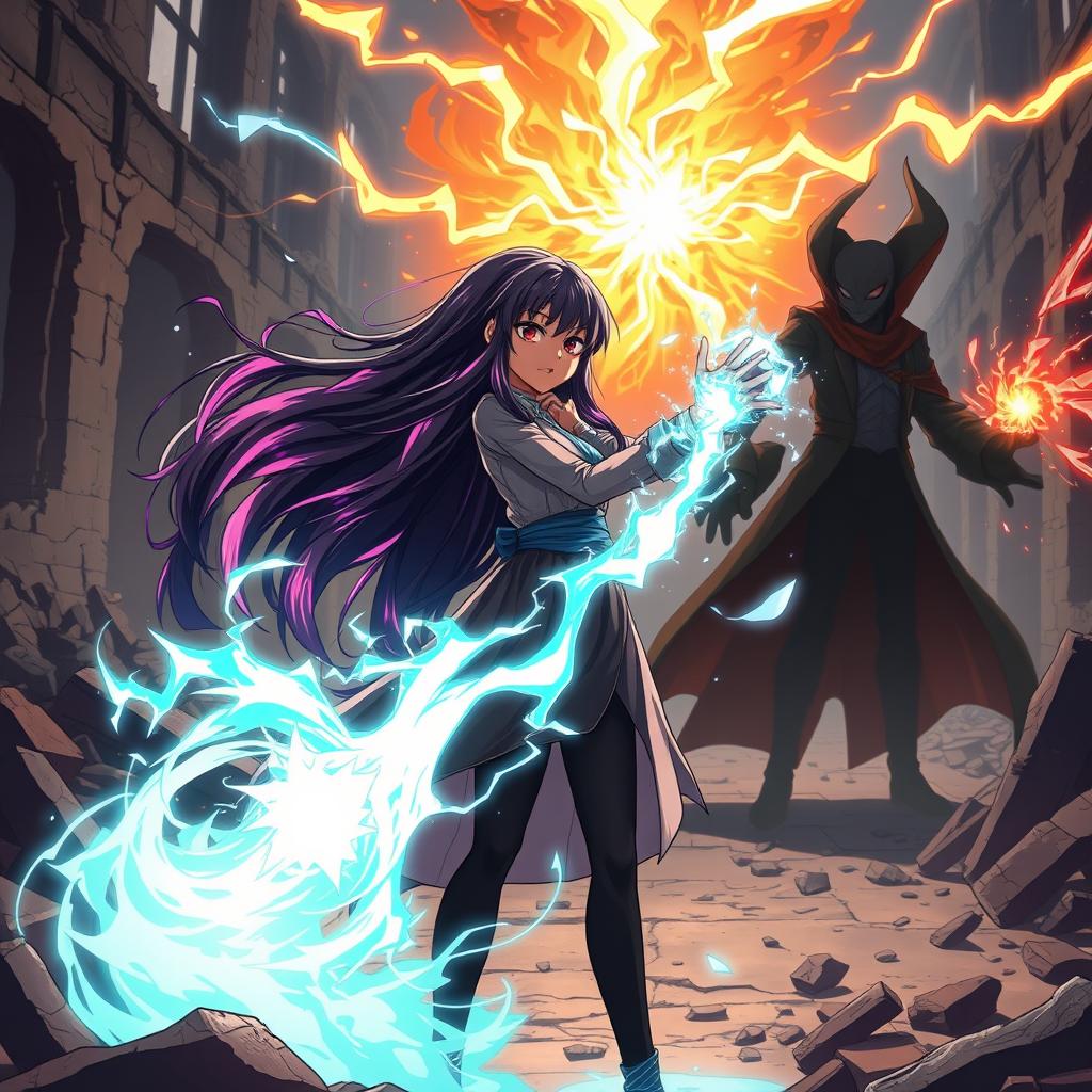 An anime black girl standing defiantly in a destroyed building, channeling her magic as she sings a powerful incantation to fight a villainous man