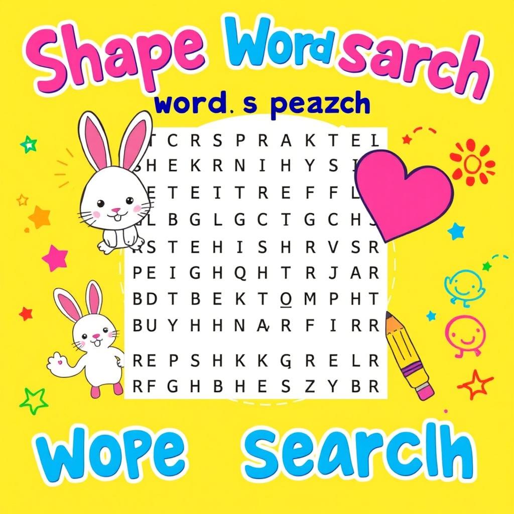 A vibrant and fun shape word search puzzle aimed at kids, featuring lively illustrations of a cute rabbit, a cheerful heart, and a bright pencil