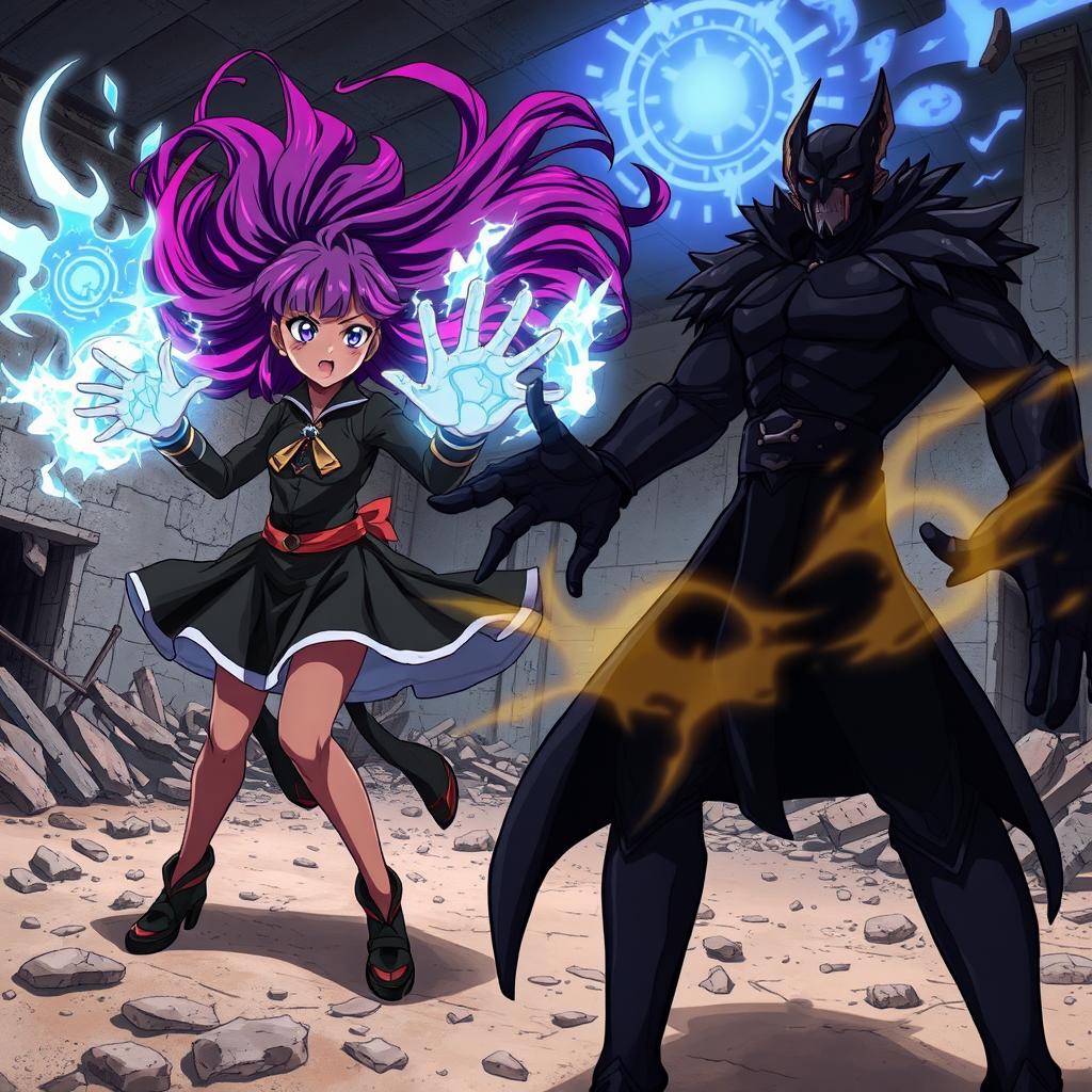 An anime scene depicting a powerful black girl with vibrant, flowing hair, showcasing her magical abilities in a ruined building