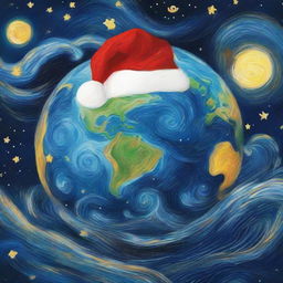 A creative night-time depiction of planet Earth viewed from space, in the distinctive swirling style of Vincent Van Gogh, with the Earth wearing a glowing Santa hat against a backdrop of a celestial starry night.