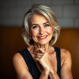 A striking 60-year-old woman with a confident and alluring expression, facing the camera directly in a sensual pose