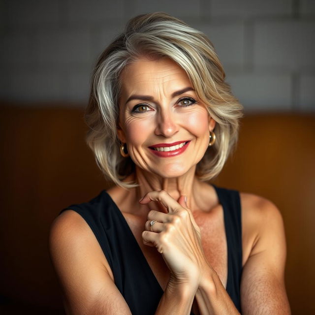 A striking 60-year-old woman with a confident and alluring expression, facing the camera directly in a sensual pose