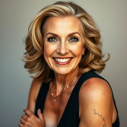 A striking 60-year-old woman with a confident and alluring expression, facing the camera directly in a sensual pose