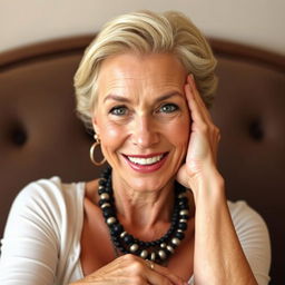 A striking 60-year-old woman with a confident and alluring expression, facing the camera directly in a sensual pose