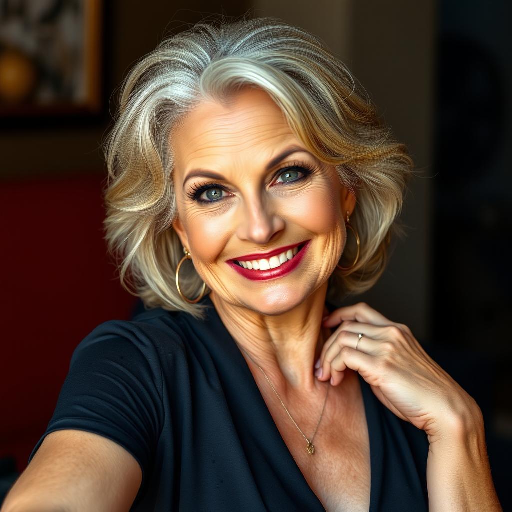 A striking 60-year-old woman with a confident and alluring expression, facing the camera directly in a sensual pose