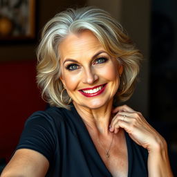 A striking 60-year-old woman with a confident and alluring expression, facing the camera directly in a sensual pose