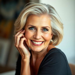 A stunning 60-year-old woman with an alluring and confident expression, looking directly at the camera in a sensual pose