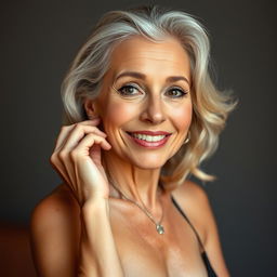 A stunning 60-year-old woman with an alluring and confident expression, looking directly at the camera in a sensual pose