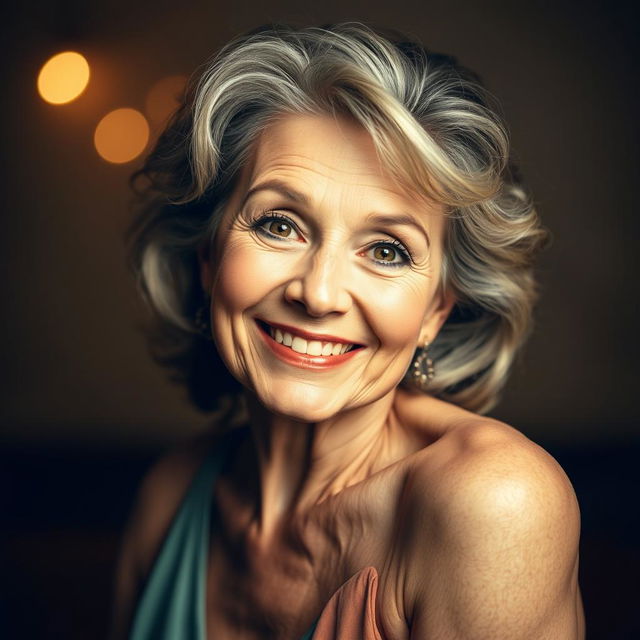 A stunning 60-year-old woman with an alluring and confident expression, looking directly at the camera in a sensual pose