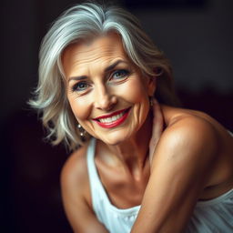 A stunning 60-year-old woman with an alluring and confident expression, looking directly at the camera in a sensual pose