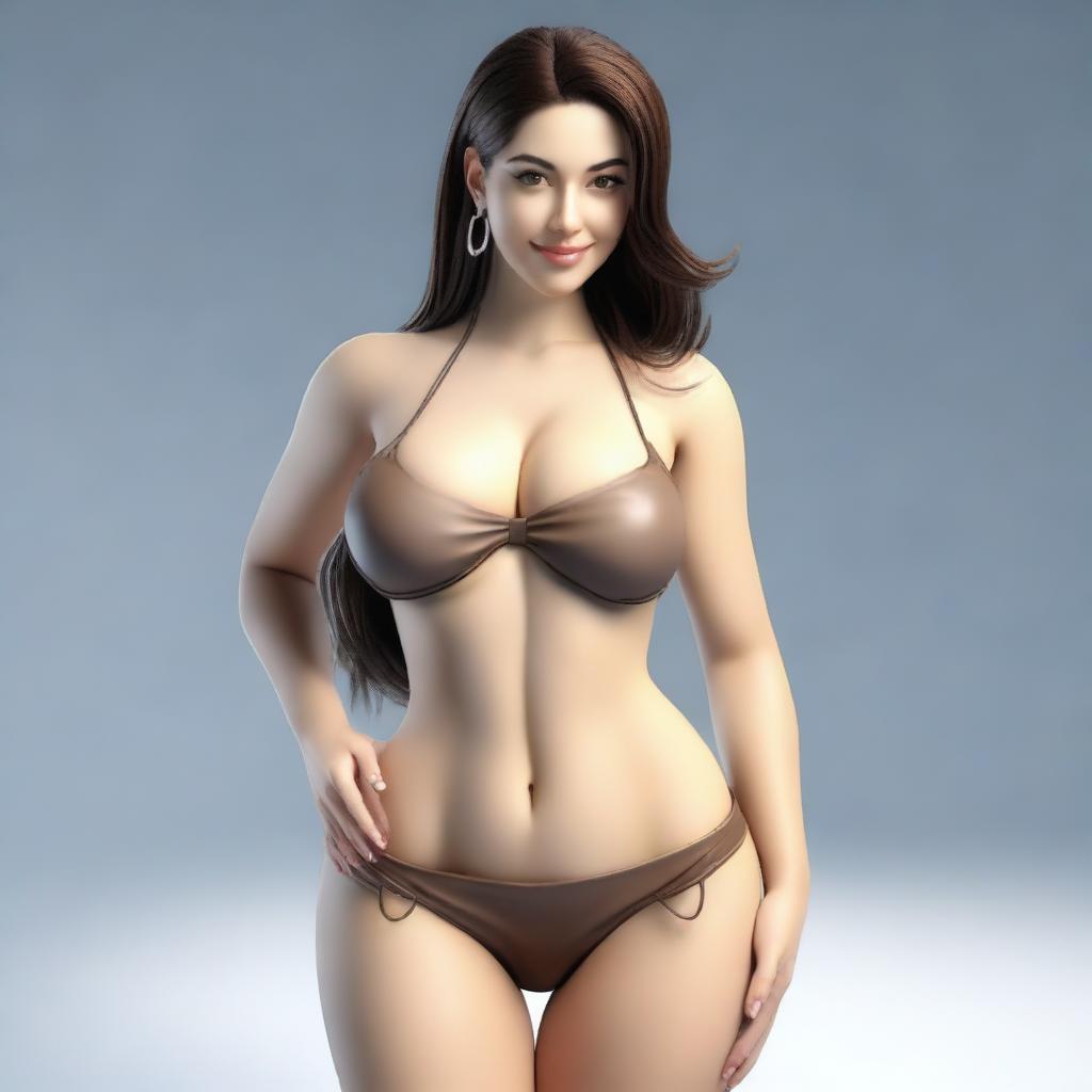 A provocative 3D render of a girl with brown hair, wearing a skimpy bikini