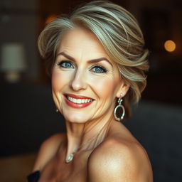 A beautiful 60-year-old woman with a captivating and flirtatious expression, looking directly at the camera in a sensual pose