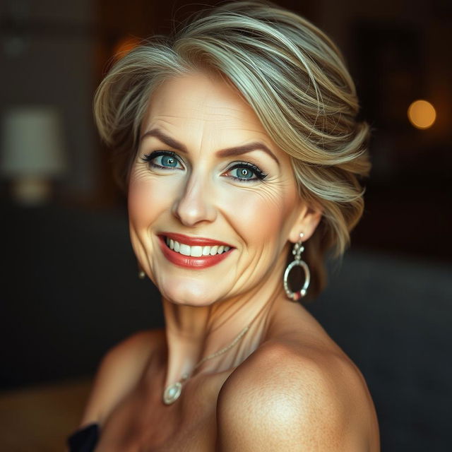 A beautiful 60-year-old woman with a captivating and flirtatious expression, looking directly at the camera in a sensual pose