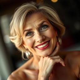 A beautiful 60-year-old woman with a captivating and flirtatious expression, looking directly at the camera in a sensual pose