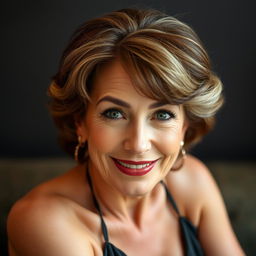 A beautiful 60-year-old woman with a captivating and flirtatious expression, looking directly at the camera in a sensual pose