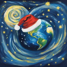 A creative night-time depiction of planet Earth viewed from space, in the distinctive swirling style of Vincent Van Gogh, with the Earth wearing a glowing Santa hat against a backdrop of a celestial starry night.