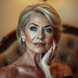 A beautiful 60-year-old woman with a sultry and alluring expression, looking straight at the camera in a sensual pose