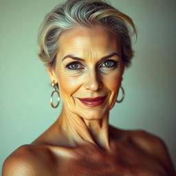 A beautiful 60-year-old woman with a sultry and alluring expression, looking straight at the camera in a sensual pose