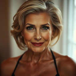 A beautiful 60-year-old woman with a sultry and alluring expression, looking straight at the camera in a sensual pose