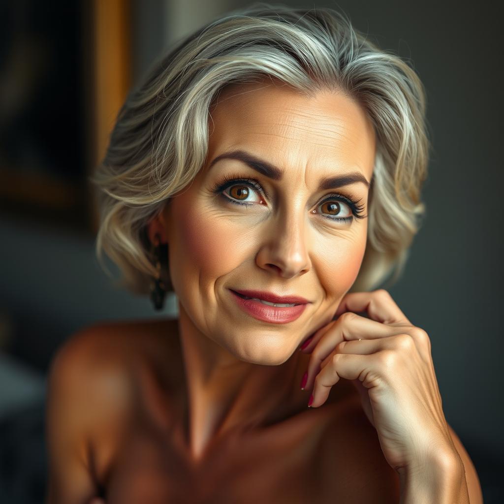 A beautiful 60-year-old woman with a sultry and alluring expression, looking straight at the camera in a sensual pose