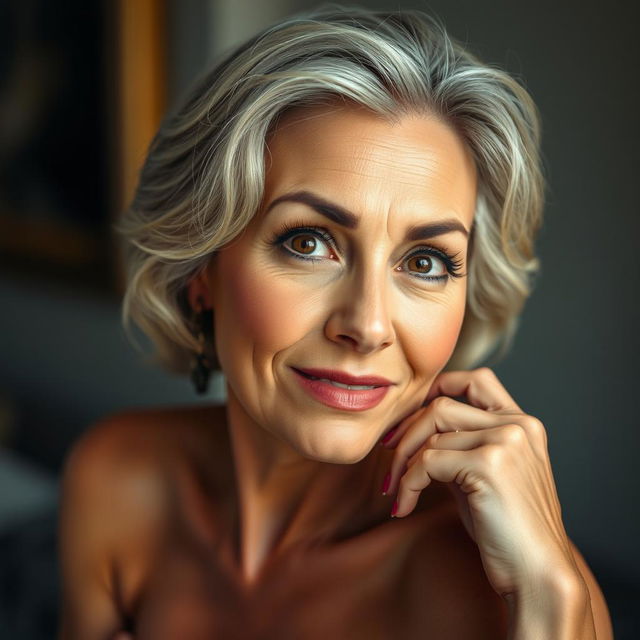 A beautiful 60-year-old woman with a sultry and alluring expression, looking straight at the camera in a sensual pose