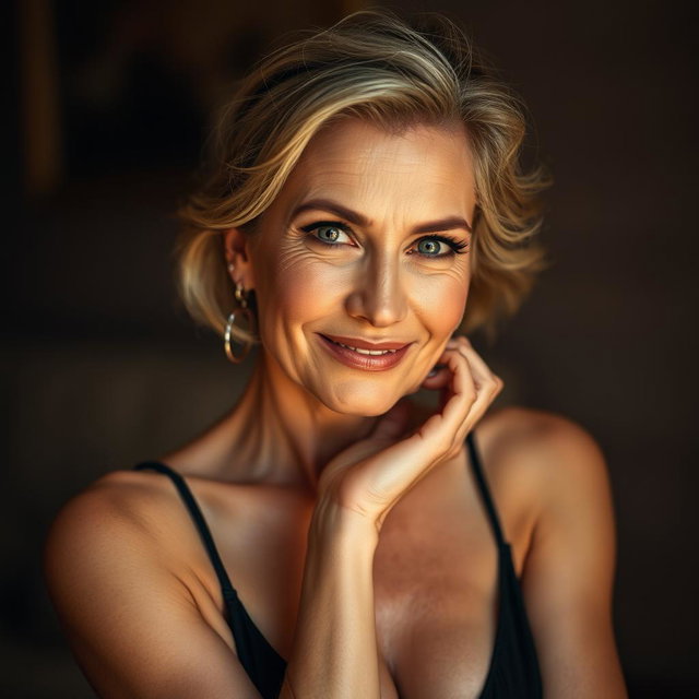 A gorgeous 60-year-old woman with a seductive and playful expression, looking directly at the camera in a sensual and inviting pose