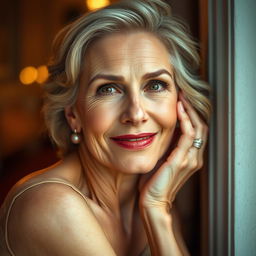 A gorgeous 60-year-old woman with a seductive and playful expression, looking directly at the camera in a sensual and inviting pose