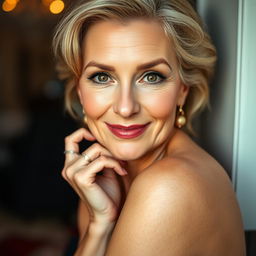 A gorgeous 60-year-old woman with a seductive and playful expression, looking directly at the camera in a sensual and inviting pose