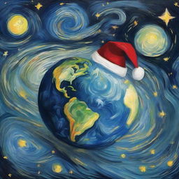 A creative night-time depiction of planet Earth viewed from space, in the distinctive swirling style of Vincent Van Gogh, with the Earth wearing a glowing Santa hat against a backdrop of a celestial starry night.