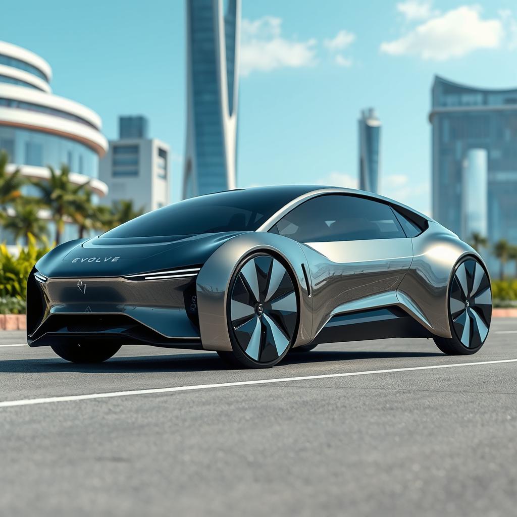 A futuristic electric car with removable batteries, showcasing a sleek and aerodynamic design