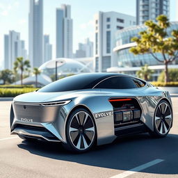 A futuristic electric car with removable batteries, showcasing a sleek and aerodynamic design