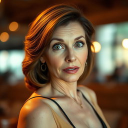 A beautiful 60-year-old woman with a surprised expression, facing the camera